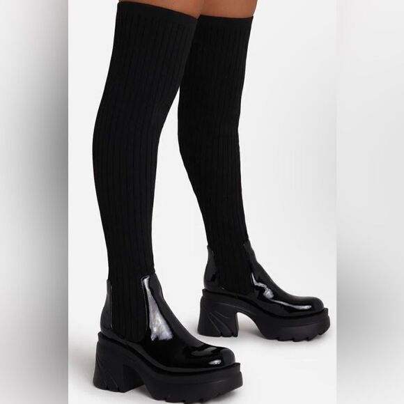 EGO Shoes - EGO Synthetic Black patent and knitted thigh high chunky platform boots SZ10.5